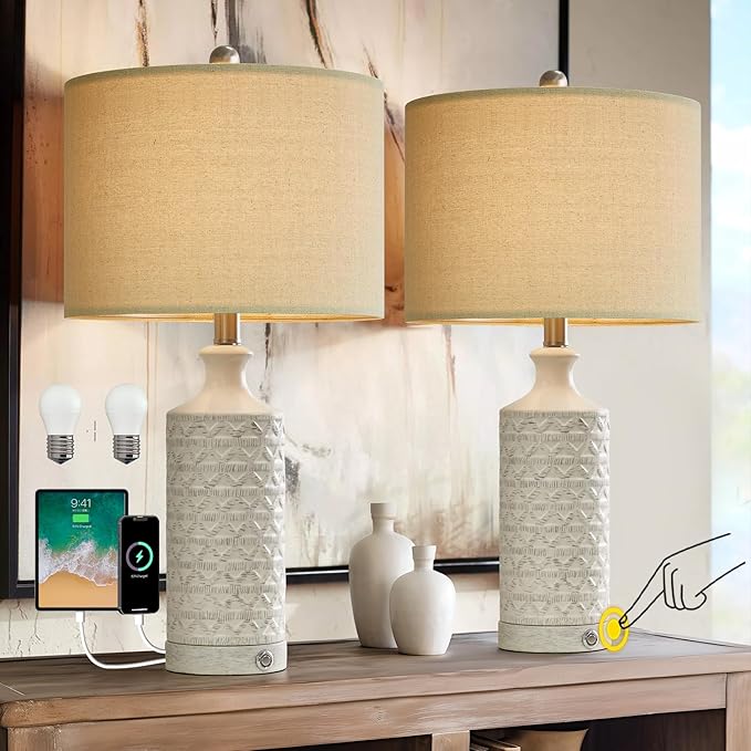 PoKat 24" Modern Contemporary Ceramic Lamp Set of 2 for Living Room White Desk Decor Lamps for Bedroom Farmhouse Bedside Nightstand End Table Lamps, White - LeafyLoom