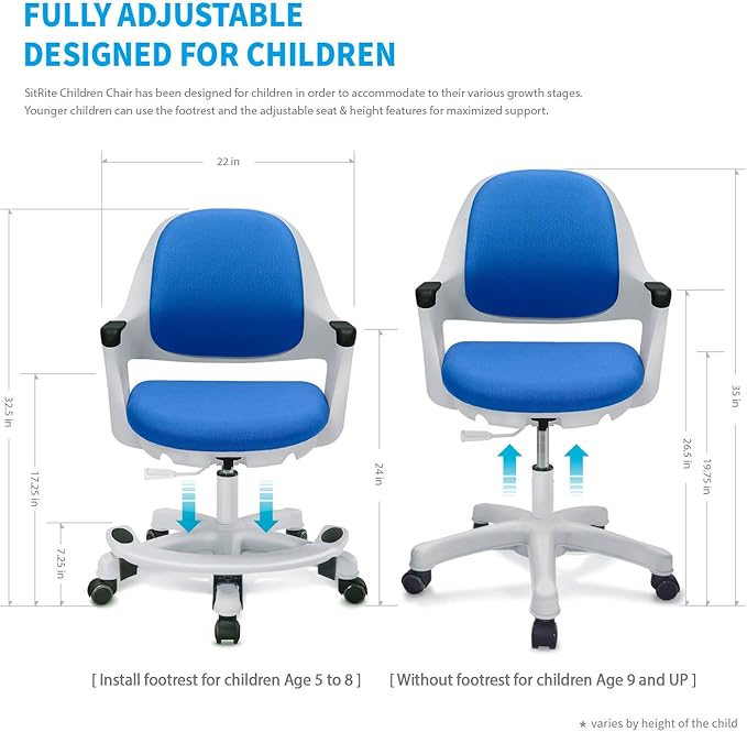 Kids Desk Chair: Ergonomic Kids Computer Chair | Adjustable Kids Office Chair with Wheels & Arms | Study Chair for Girls and Boys - Kids Chair Desk with Wheel Covers (Ocean Blue) - LeafyLoom