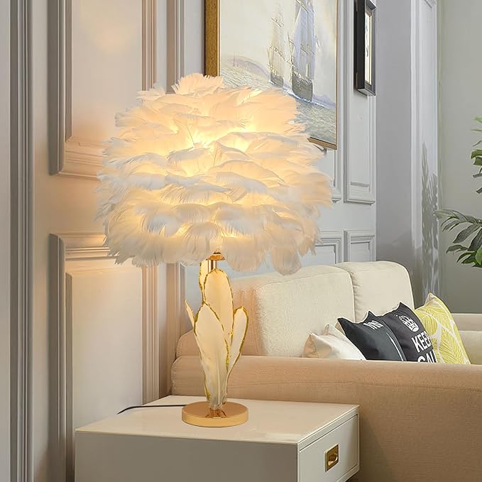 ZYLEIESENBAO Feather Desk Lamp Creative Girls Bedroom Decoration Lamp Modern White Feather Table Bedside Lamp Cute 12'' for Living Room Wedding Childrens Room - LeafyLoom