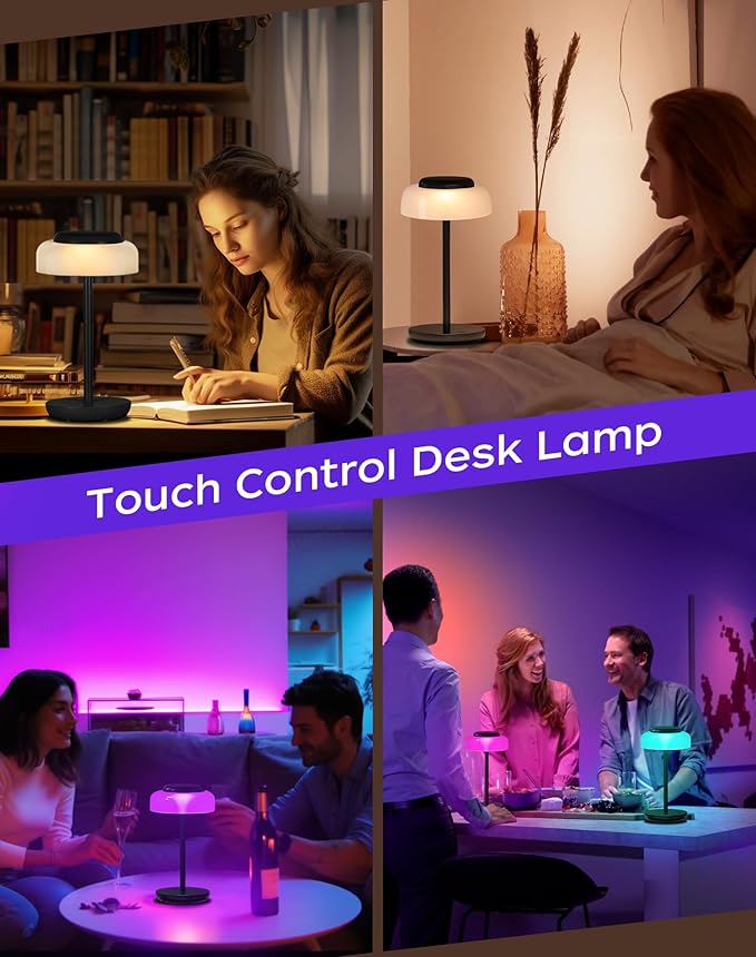 QiMH Battery Operated LED Table Lamp, 5000mAh Cordless Desk Lamp with 3 Level Brightness Touch Control, Mini Rechargeable Night Light for Living Room, Bedroom, Outdoor bar (Black-RGB) - LeafyLoom