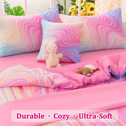 Girls Full Bedding Sets, 6 Pcs Pink Full Szie Comforter Set with Sheets, Tie Dye Superior Blue Pink Rainbow Bedding Set for Girls Kids - LeafyLoom