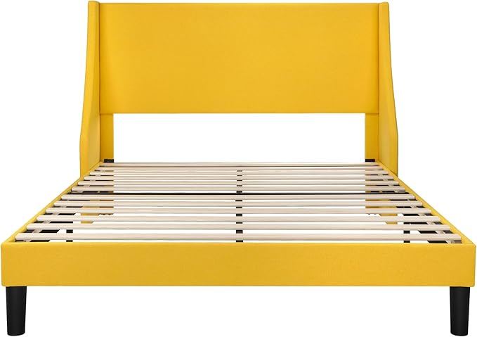 Allewie Queen Bed Frame, Platform Bed Frame Queen Size with Upholstered Headboard, Modern Deluxe Wingback, Wood Slat Support, Mattress Foundation, Light Yellow - LeafyLoom