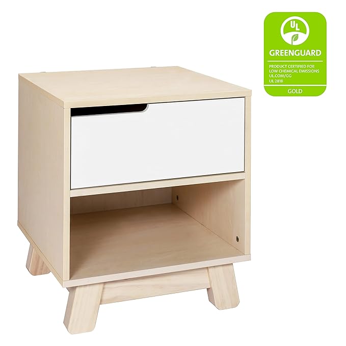 Babyletto Hudson Nightstand with USB Port in Washed Natural and White, 1 Drawer and Storage Cubby - LeafyLoom