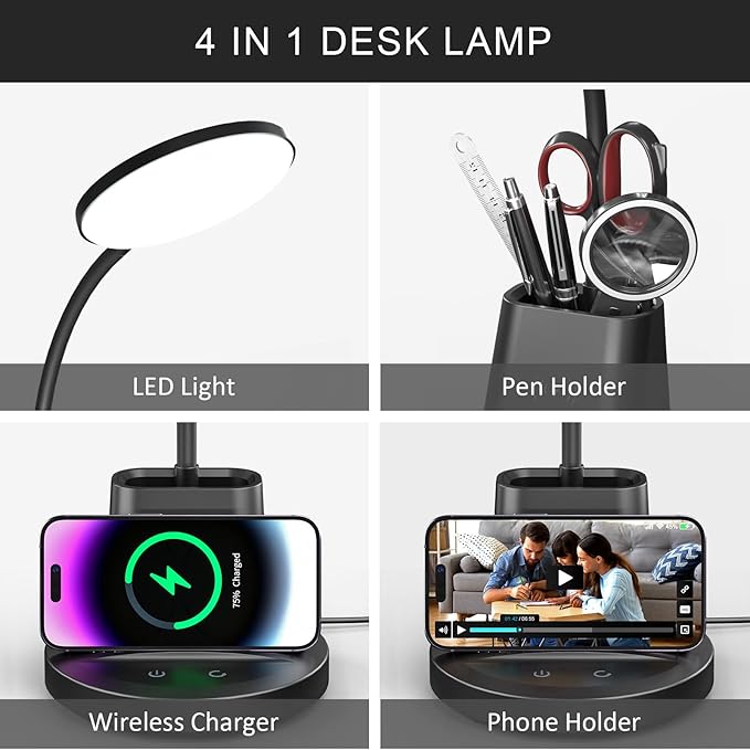 Desk Lamp with Wireless Charger, LED Desk Lamp for Home Office with Pen Holder, Dimmable Eye-Caring Study Desk Light Flexible Arm 3 Color Modes for College Dorm, 800 Lumens CRI 90 - LeafyLoom