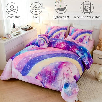 6Pcs Teen Pink Bedding Set Full for Girls, 3D Tie Dye Comforter Pink Colorful Rainbow Kids Comforter Set, Ultra Soft Pastle Nebula Printed Bed in A Bag with Sheets - LeafyLoom