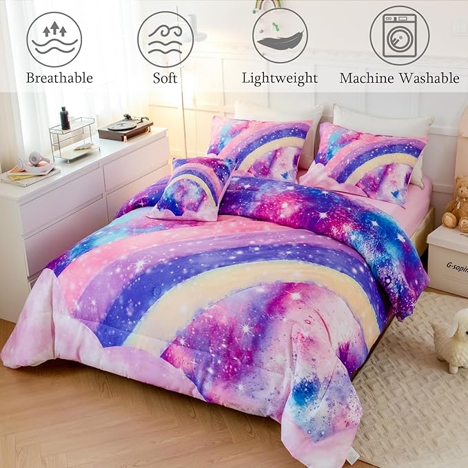 6 Pcs Tie Dye Pink Twin Comforter Set for Girls, 3D Rainbow Galaxy Gradient Themed Bed in A Bag, Pastle Nebula Kids Bedding Set with Sheets, Comforter and Pillowcases for All Season - LeafyLoom