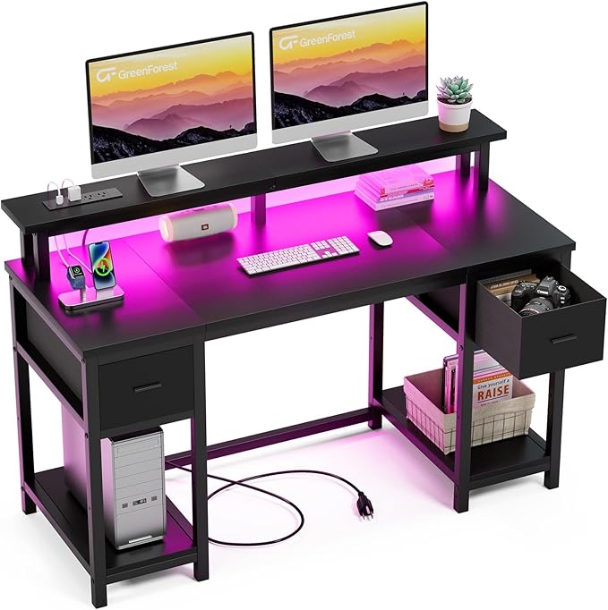 GreenForest Computer Desk with 2 Drawers and Power Outlets,50 Inch Office Desk with 2 Monitor Stands and Fabric File Cabinet, Reversible Gaming table with Led Lights and Shelves, Work Desk, Black - LeafyLoom