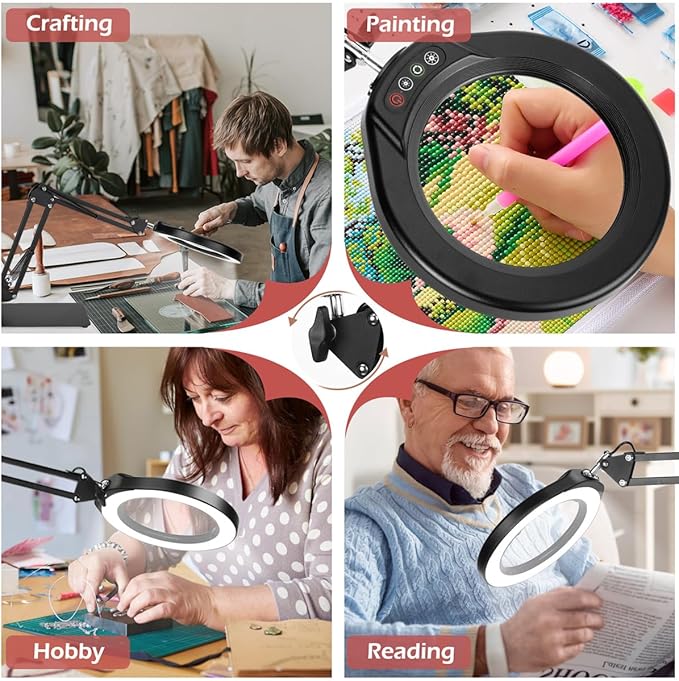 Veemagni 5 Inch Large Magnifying Glass with Light and Stand, 5 Color Modes Stepless Dimmable 10X Glass Lens, Hands Free 2-in-1 Desk Lamp & Clamp, LED Lighted Magnifier for Repair Crafts Close Work - LeafyLoom