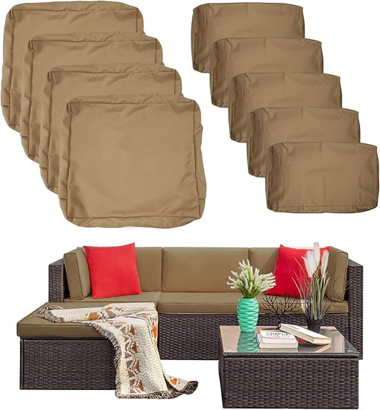 ClawsCover 9Pack Outdoor Seat and Back Cushions Replacement Covers Fit for 5 Pieces 4-Seater Wicker Rattan Patio Conversation Set Sectional Couch Furniture,Taupe-Include Covers Only (Large) - LeafyLoom