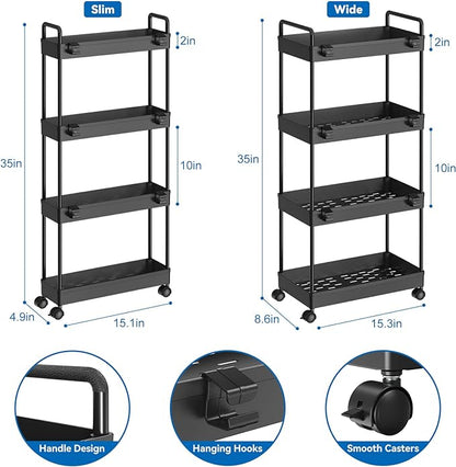 2 Pack 4 Tier Slim Storage Cart, Bathroom Organizer Laundry Room Organization Mobile Shelving Unit Slide Out Utility Rolling Rack with Wheels for Kitchen Garage Office Small Apartment Narrow Space - LeafyLoom