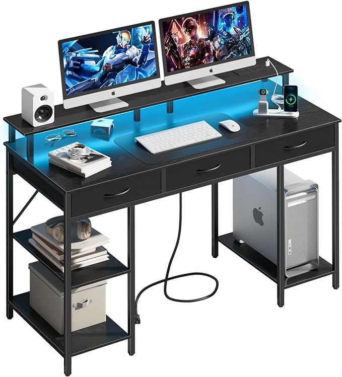 Yoobure Computer Desk with Drawers, Office Desk with LED Lights & Outlets, Small Desk with Storage Shelves, Gaming Desk 48" Home Office Desks with Monitor Stand, Writing Desk for Bedroom Small Spaces - LeafyLoom