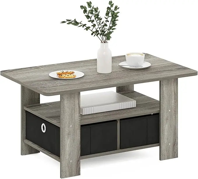 Furinno Andrey Coffee Table with Bin Drawer, French Oak Grey/Black - LeafyLoom