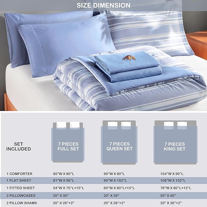 Full Size Comforter Set with Sheets, Modern Blue and White Striped Bed in a Bag, 7-Piece Complete Bedding Set Including Reversible Comforter, 2 Sheets, Pillowcases & Shams - LeafyLoom