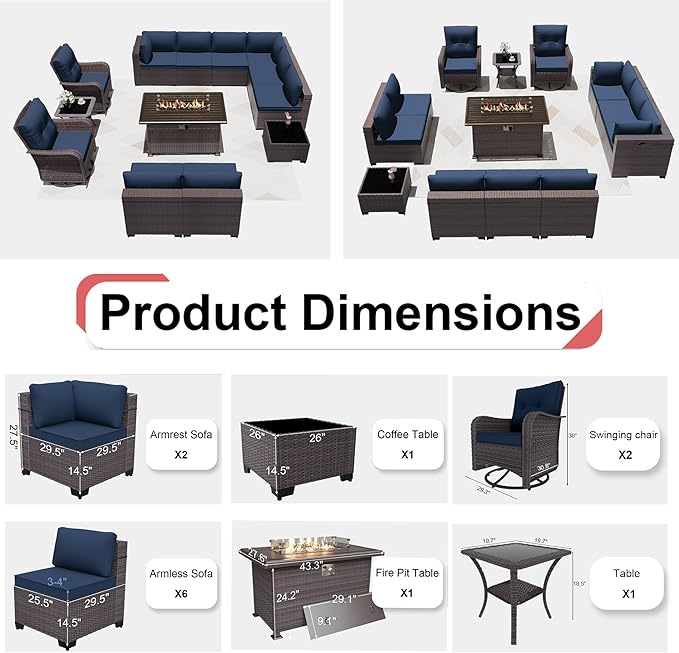 Patio Furniture Sectional Sofa Set 13PCS PE Rattan Swivel Rocking Chairs Patio Conversation Set w/43in Gas Fire Pit Table, Outdoor Furniture with 55000 BTU Propane Fire Pit, Navy Blue - LeafyLoom