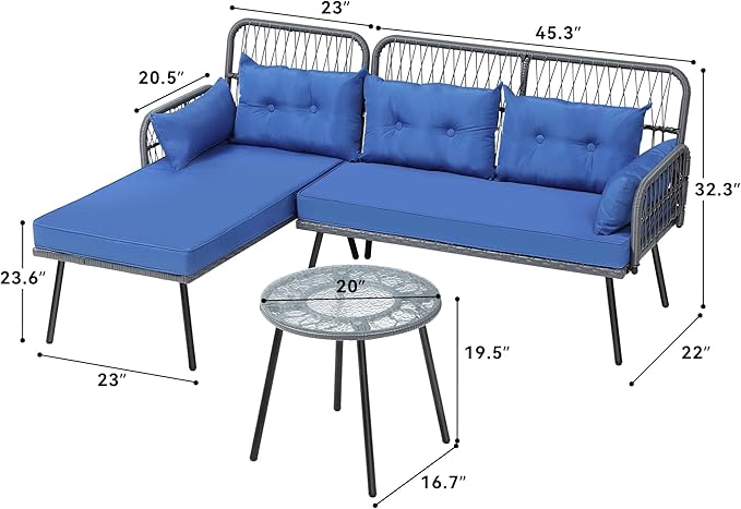 YITAHOME Patio Furniture L-Shaped Coversation Sectional Outdoor Sofa Set for Backyard, Porch with Thick Cushions Detachable Lounger, Side Table (Gray+Navy Blue) - LeafyLoom