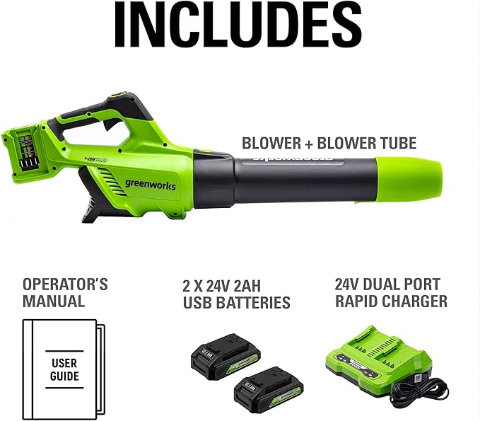 Greenworks 48V (2 x 24V) Cordless Axial Leaf Blower (125 MPH / 515 CFM / 125+ Compatible Tools), (2) 2.0Ah Batteries and Dual Port Charger Included - LeafyLoom