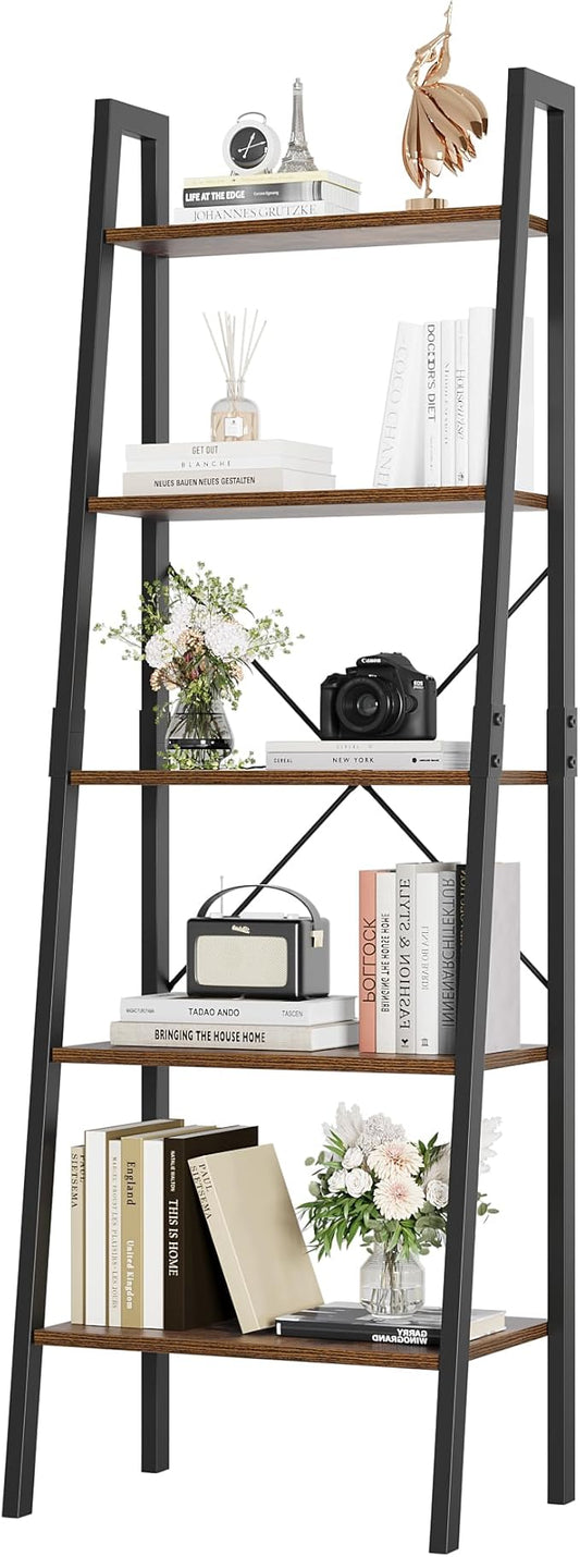 finetones 5-Tier Ladder Shelf, Ladder Bookshelf Bookcase with Metal Frame, Plant Rack Display Shelf Accent Furniture for Home Office, Black/Rustic Brown - LeafyLoom