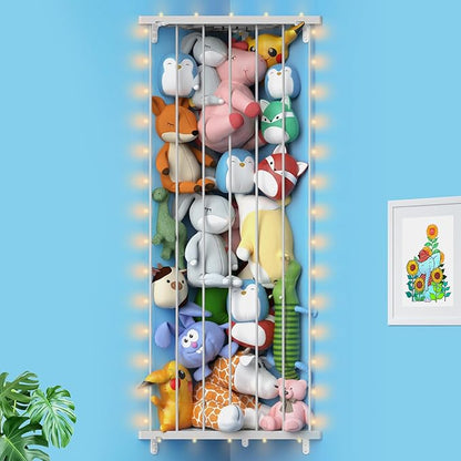 Stuffed Animal Storage Toy Organizer: Corner Stuff Animals Holder for Wall with LED Light - Kids Plush Toys Storage with Adjustable Length for Nursery Playroom Bedroom Kids Room(Gray) - LeafyLoom