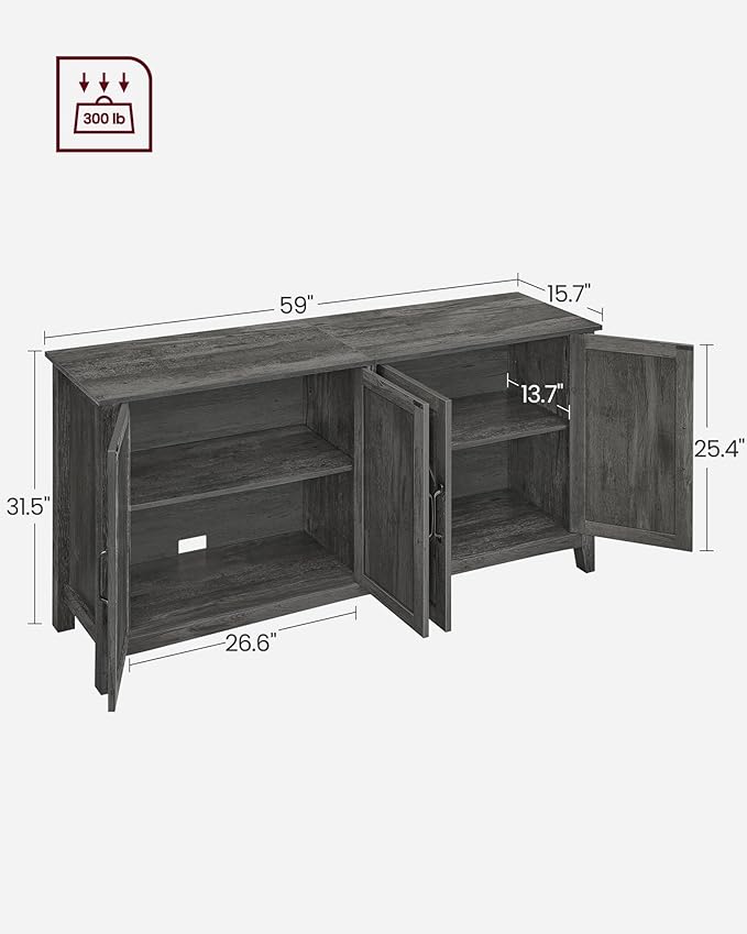 VASAGLE Buffet Storage Cabinet, 15.7" D x 59" W x 31.5" H Credenza Sideboard Table, Kitchen Cupboard with Adjustable Shelves for Living, Dining Room, Entryway, Charcoal Gray ULSC381T04 - LeafyLoom