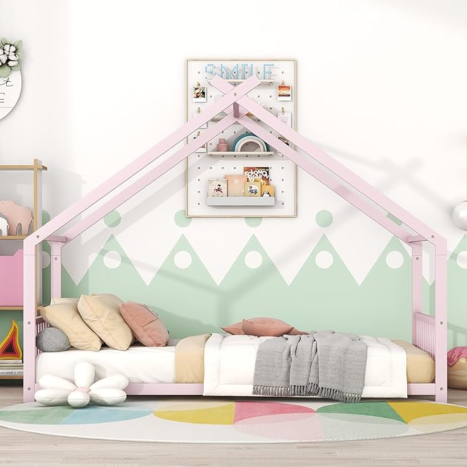 RITSU Twin Size Montessori Floor House Bed, Bedframe with Metal Slat & with Headboard and Footboard, Sturdy Construction, for Children's Room, Girls, Boys, Pink - LeafyLoom