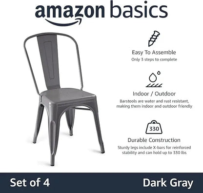 Amazon Basics Metal Dining Chairs, Dark Grey, 1 Count (Pack of 4) - LeafyLoom