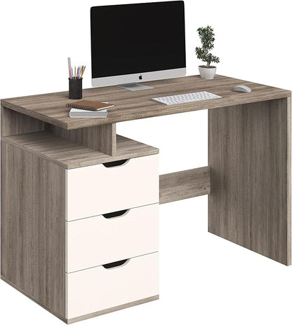 Lavish Home Contemporary Desk with Attached 3-Drawer File Cabinet for Home Office, Bedroom, Computer, or Craft Table, 43-Inch Long, White and Natural - LeafyLoom