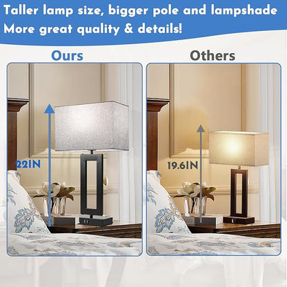 22’’ Tall Set of 2 Touch Control Table Lamp w. 2 USB Ports, 3-Way Dimmable Modern Bedroom Bedside Touch Lamps w. Fabric Gray Shade for Living Room End Table Nightstand Reading - LeafyLoom