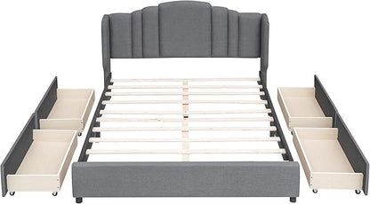 Queen Size Bed Frame with 4 Storage Drawers & Headboard Linen Upholstered Platform Bed Frame Wingback Beds with Sturdy Wooden Slats Support, Easy Assembly, Noise-Free - LeafyLoom