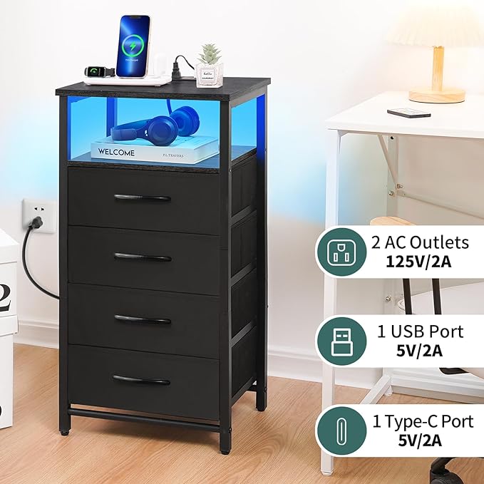 Yoobure Night Stand - LED Black Nightstand with Charging Station, Bedside Table with 4 Storage Drawers and Storage Shelf, End Table with USB Ports and Outlets, Fabric Tall Dresser for Bedroom - LeafyLoom