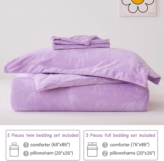 Mooreeke Full Kids Comforter Bed Set, Embossed Plush Fleece Soft & Warm 3 Piece Bed in A Bag with Shams, Velour Velvet Purple Unicorn Girls Kids Bedding Set, Fluffy Fuzzy Polar Cozy and Stylish - LeafyLoom