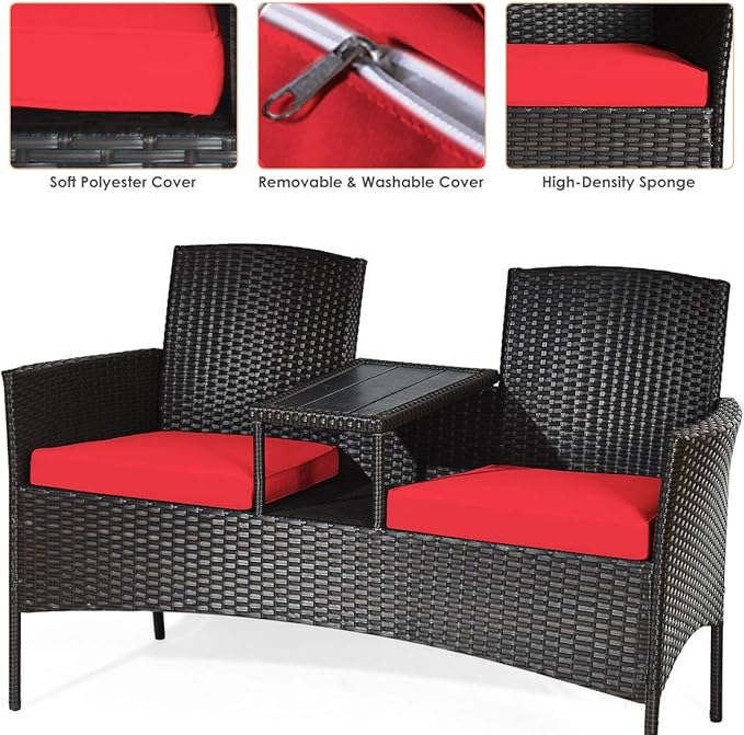 LUARANE Outdoor Rattan Sofas, Contract Patio Conversation Set Wicker Sofa Set with Built-in Coffee Table, Patio Furniture Set with Cushions, Rattan Loveseat for Lawn Backyard Garden (Brown+Red) - LeafyLoom