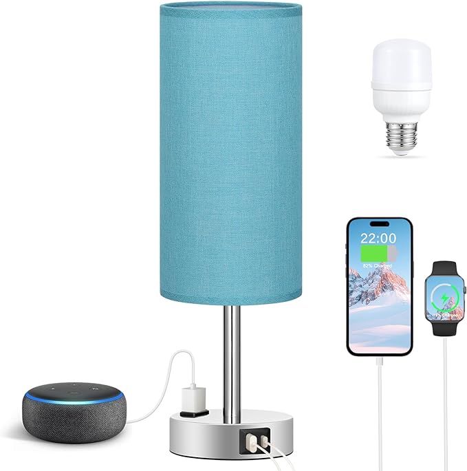 Turquoise Nightstand Table Lamp for Bedroom - 3 Way Dimmable Touch Lamp USB A and C Charging Ports and AC Outlet, Small Lamp for Office Desk with Metal Base, LED Bulb Included - LeafyLoom