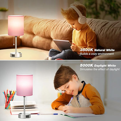 Dicoool Pink Bedroom Lamp for Bedside - 3 Color Temperatures Desk Lamp with USB C and A Ports, Pull Chain Table Lamp with AC Outlet, Nightstand Lamp with Silver Metal Base for Kids Girls - LeafyLoom