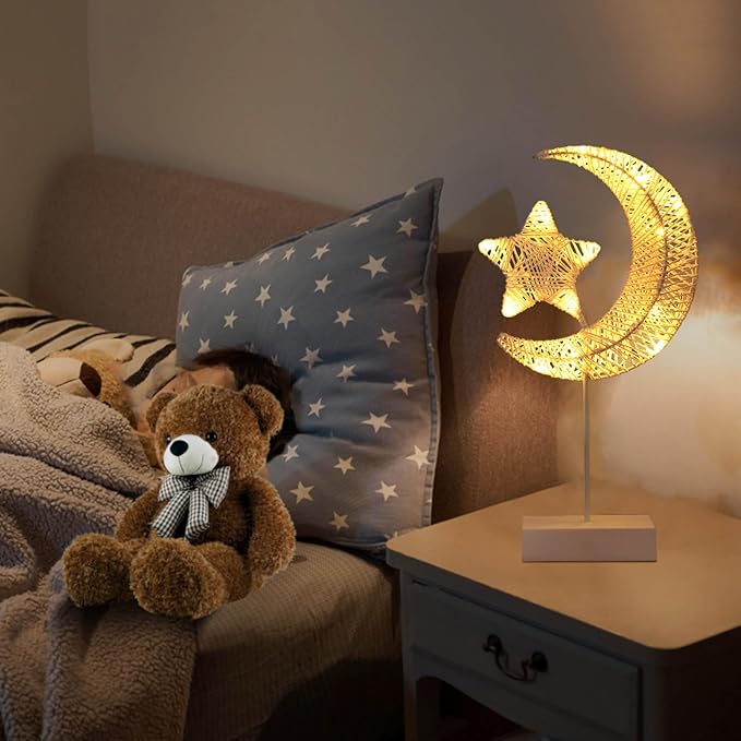 Upgraded Table Lamp for Ramadan Decorations, Battery Operated Warm White Bright LED Star Moon Shape Desk Lamp,Christmas Wedding Party Ramadan Eid Decoration for Home Romantic Table Lamp - LeafyLoom