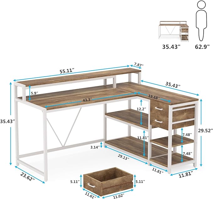 Reversible L-Shaped Computer Desk with hutch & Shelf,white - LeafyLoom