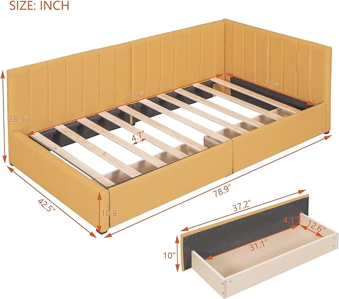 Twin Size Upholstered Daybed with 2 Storage Drawers,YellowSolid Wood Sofa Bed Frame W/Linen Fabric Backrest,No Box Spring Needed,for Living Room Bedroom Apartment, - LeafyLoom