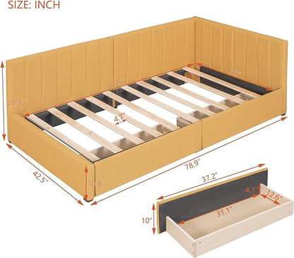 Twin Size Upholstered Daybed with 2 Storage Drawers,YellowSolid Wood Sofa Bed Frame W/Linen Fabric Backrest,No Box Spring Needed,for Living Room Bedroom Apartment, - LeafyLoom