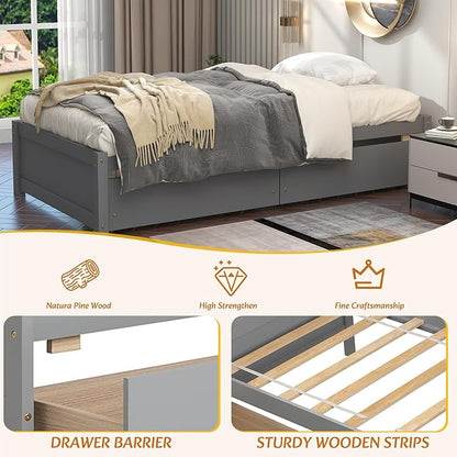 Twin Bed with 2 Storage Drawers, Solid Pinewood Twin Size Bed Frame,for Boys/Girls/Teens Bedroom, Easy to Assemble, No Box Spring Needed,Grey - LeafyLoom