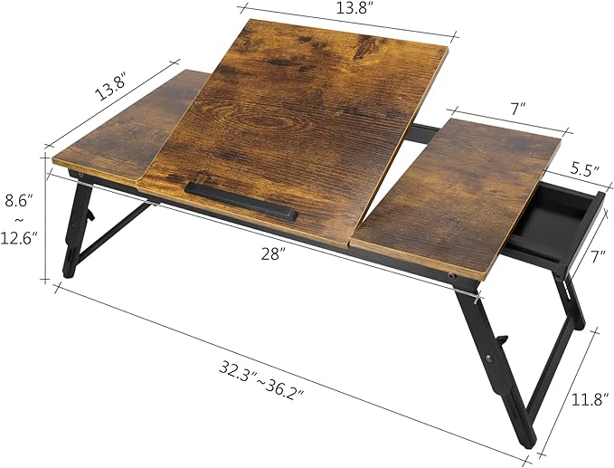 Bamboo Laptop Desk Bed Tray Table Adjustable Table for Computer Tilting Top Foldable Leg with Drawer - LeafyLoom