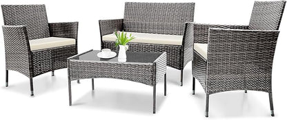 Patio Furniture, 4 Piece Conversation Set, Outdoor Wicker Rattan Table and Chairs, Sectional Sofa with Thick Cushion for Garden, Yard, or Porch, Grey - LeafyLoom