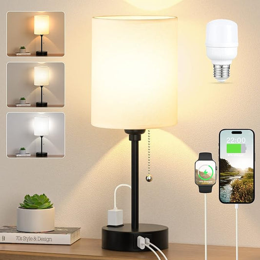 Small Bedroom Lamps with USB C and A Ports 3 Color Temperatures - 2700K 3500K 5000K Pull Chain White Nightstand Bedside Table Lamps with AC Outlet, Metal Base for Kids Reading - LeafyLoom