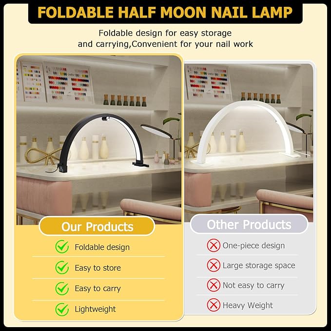 Small Nail lamp for Desk, Half Moon Light for Nail Desk with Touch Control, Portable Half Moon Nail lamp with Phone Holder (Black) - LeafyLoom