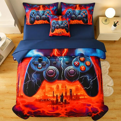 Game Console Twin Comforter Set with Sheets, Microfiber 6 Pcs Bed in A Bag Twin Size Gamer Bedding Set for Boys Kids Teens - LeafyLoom