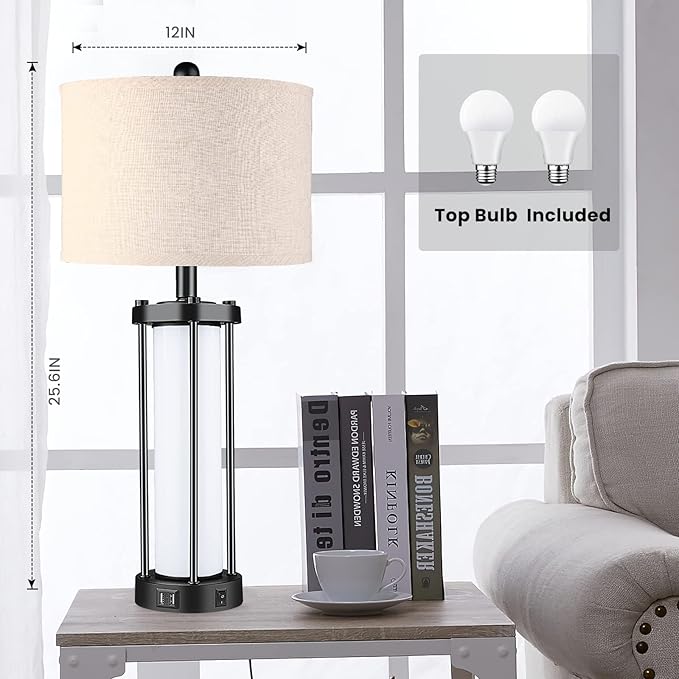 Table Lamps for Living Room Set of 2,26" Tall Bedside Farmhouse Table Lamps with LED Lantern Nightlight,Bedroom Nightstand Lamps with Dual USB Port Beige Fabric Shade (Bulbs Included) - LeafyLoom