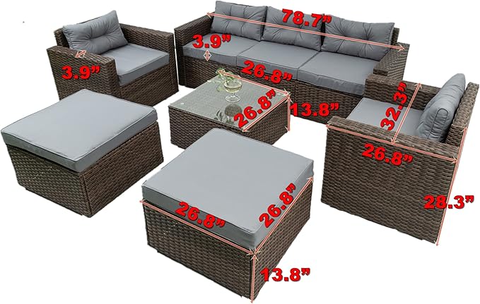 6 Piece Patio Outdoor Furniture Rattan Wicker Conversation Sofa Set with Removeable Cushions and Tempered Glass Table Top for Garden Yark, Lawn, Backyard, Brown - LeafyLoom