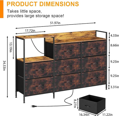 MOOACE TV Stand with Charging Station, 52'' Long TV Stand with 8 Storage Drawers and Open Shelves, Chests, Dresser for Bedroom, Living Room, Brown - LeafyLoom