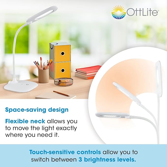 OttLite LED Soft Touch Desk Lamp - 3 Brightness Settings with Energy Efficient Natural Daylight LEDs - Adjustable Flexible Neck & Touch Controls for Tabletops, Home Office, Computer Desk, & Dorms - LeafyLoom