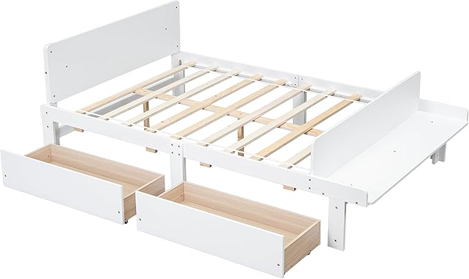 Dolonm Full Bed Frames for Kids with 2 Drawers, Storage Platform Bed with Footboard Bench, Twin Kids Bed Headboard Frame Pine Wood, High Stable, No Box Spring Needed, Twin Bed for Kids, White - LeafyLoom