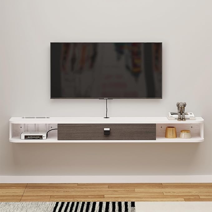 Floating TV Unit, 63'' Wall Mounted TV Cabinet, Floating Shelves with Door, Modern Entertainment Media Console Center Large Storage TV Bench for Living Room & Office (62.99IN, Grey White) - LeafyLoom