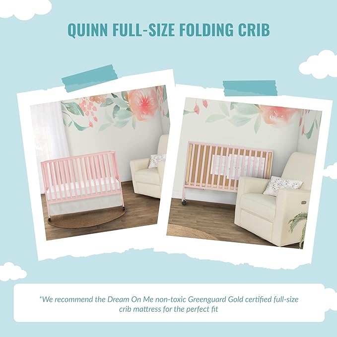 Quinn Full-Size Folding Crib in Blush Pink, Removeable Wheels, Modern Nursey, Adjustable Mattress Support, Portable Crib, Patented Folding System - LeafyLoom